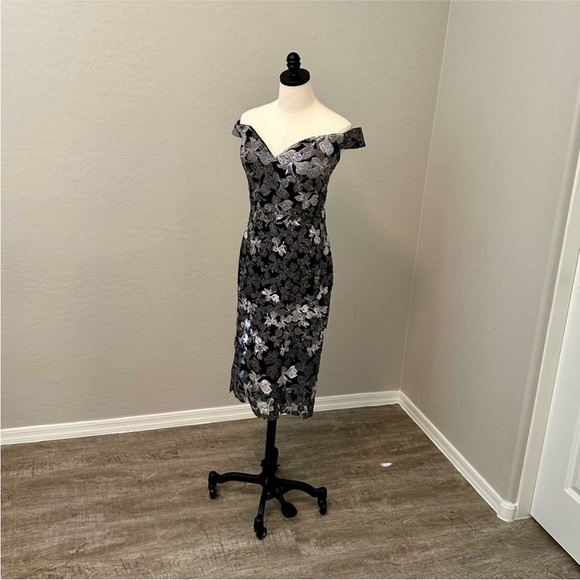 NEW JOVANI BLACK SILVER GUNMETAL BEADED OFF SHOULDER COCKTAIL DRESS - Picture 2 of 13